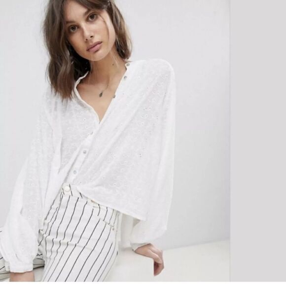Free people small top embroidered floral peasant blouse white button down lace - Picture 3 of 11